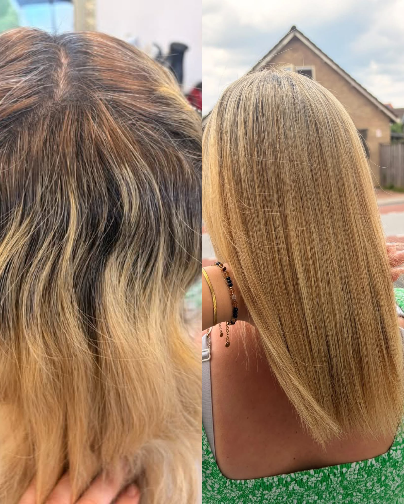Twee beelden van lang haar met een blonde kleuring