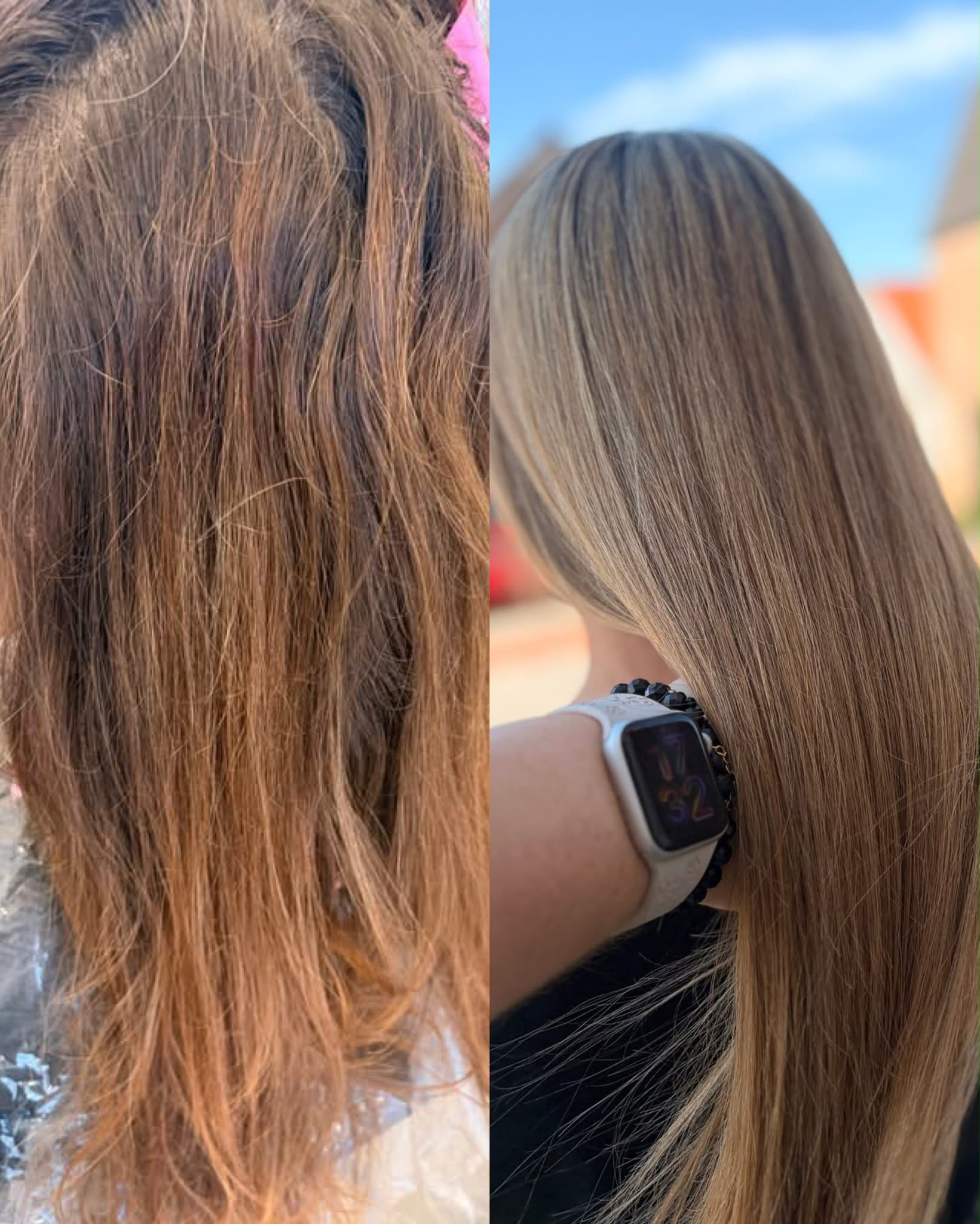 Twee beelden van lang haar met warme bruine en blonde kleurtinten